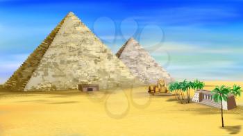 The Egyptian pyramids with entrance and ancient castle. Digital painting background, Illustration in cartoon style character.