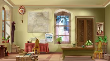 Interior of a vintage room with antique furniture on a sunny day. Digital Painting Background, Illustration in cartoon style character.