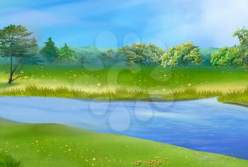 Blue river on a sunny summer day. Digital Painting Background, Illustration in cartoon style character.