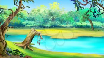 Small River in the Tropical Jungle in a sunny day. Digital Painting Background, Illustration in cartoon style character.