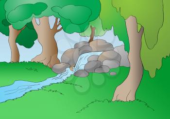 Creek in the Forest in a Summer Day. Digital Painting Background, Illustration in primitive cartoon style character
