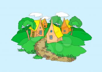 Small Village Illustration. Digital Painting Background, Illustration in primitive cartoon style character. Isolated