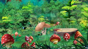 Fairy Tale Amanita Mushrooms in a Forest Glade in a Summer Day. Digital painting background, Illustration in cartoon style character.