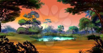 Idyllic View of the Small Pond on a Forest Glade Surrounded by Trees at Dawn. Digital Painting Background, Illustration in cartoon style character.