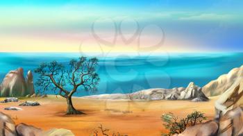 Rocky Shore with Lonely Tree Against Blue Sky in a Early Summer Morning. Digital Painting Background, Illustration in cartoon style character.