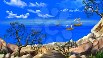 View of the bay with sailboats. Shore of the ocean, coast of desert island. Summer day, blue sky. Lonely tree. Digital Painting Background, Illustration in cartoon style character.