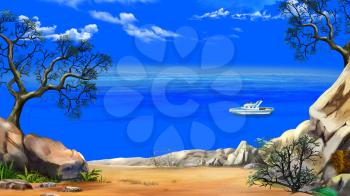 Sea View from the Cliff with modern yacht in a Summer day against the Deep Blue Sky. Digital Painting Background, Illustration in cartoon style character.