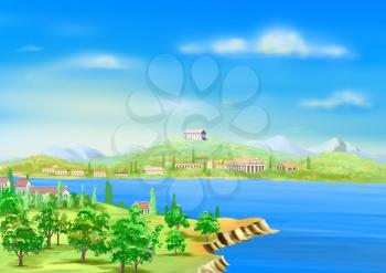 View of Ancient Greek Harbor in a Sunny Summer Day. Digital Painting Background, Illustration in cartoon style character.