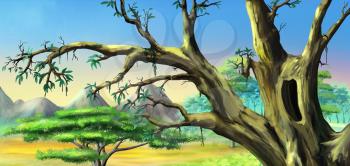 African Tree with Big Hollow against Blue Sky in a African national park. Digital Painting Background, Illustration in cartoon style character.
