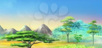 Panorama of African Savannah in a Hot Summer Day. Acacia Tree in a Mountains. Digital Painting Background, Illustration in cartoon style character.