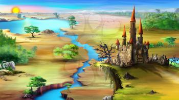 Magical fairy tale castle on a rock above the blue river in a summer morning. Digital painting background, Illustration in cartoon style character.
