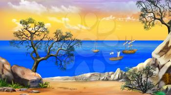 Idyllic View of the bay with sailboats. Shore of the ocean, coast of desert island. Summer day, yellow  sky. Digital Painting Background, Illustration in cartoon style character.