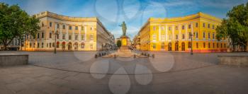 ODESSA, UKRAINE - 05.16.2018. Giant staircase and Monument to Duc de Richelieu on Primorsky Boulevard in the city of Odessa, Ukraine. Panoramic view in a summer morning