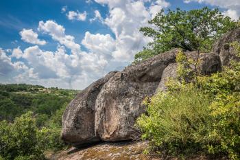 Granite Arbuzinka Rocks in the canyon near the Aktovo village, on the Mertvovod river in Ukraine. One of natural wonders of Europe.