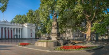 ODESSA, UKRAINE - 06.06.2018. Square near the city hall of Odessa and the monument to Pushkin. Primorsky Boulevard in a summer morning. Panorama view.