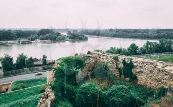 Panoramic view of the Danube and Sava rivers from the Belgrade fortress and Kalemegdan in Serbia on a cloudy summer day