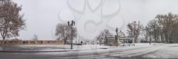 Odessa, Ukraine - 12.10.2018. Snowy winter morning on Primorsky Boulevard in Odessa, Ukraine. Panoramic view