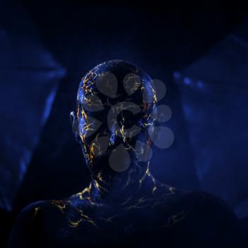 Conceptual Portrait of a man painted in fluorescent UV colors and looks like Neon lava