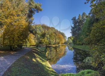Amazing autumn around the old ponds in Sofiyivka park in Uman, Ukraine