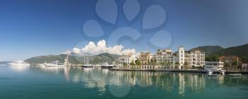Tivat, Montenegro - 07.11.2018. Embankment of Tivat city, Montenegro, in a sunny summer day. The beginning of the cruise on the Bay of Kotor.