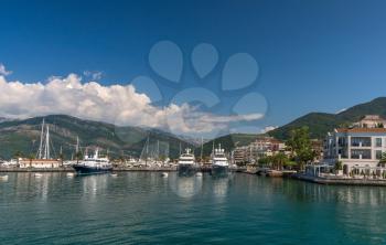 Tivat, Montenegro - 07.11.2018. Embankment of Tivat city, Montenegro, in a sunny summer day. The beginning of the cruise on the Bay of Kotor.