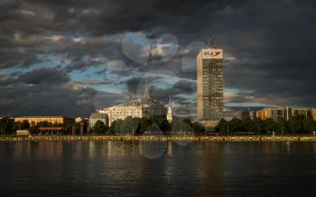 Panorama View of Riga city from the riverside at dawn