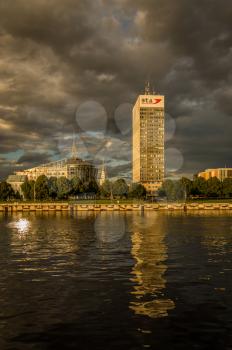 Panorama View of Riga city from the riverside at dawn