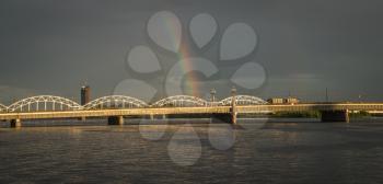 Panoramic View of a Bridge in Riga city in a summer evening