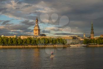 View of the old town of Riga from the river side in a summer evening