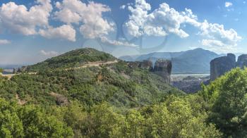 Panoramic view of the Varlaam Monastery in Meteora, Kalambaka town in Greece, on a sunny summer day