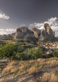 Panoramic view of the Kalambaka town at the foot of the Meteora Mountains in Greece on a sunny summer day
