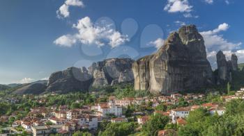 Kastraki, Greece - 07.04.2018. Panoramic view of the Kastraki village at the foot of the Meteora Mountains in Greece on a sunny summer day