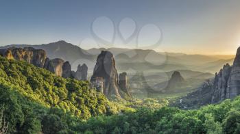 Panoramic view of the Rousanou Monastery in Meteora, Kalambaka town in Greece, on a sunny summer evening