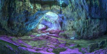 Extraterrestrial panoramic view inside mystic cave.  Davetashka cave in Bulgaria