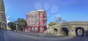 Panoramic view of historic real estate of Pommer and Saboneev bridge in Odessa, Ukraine