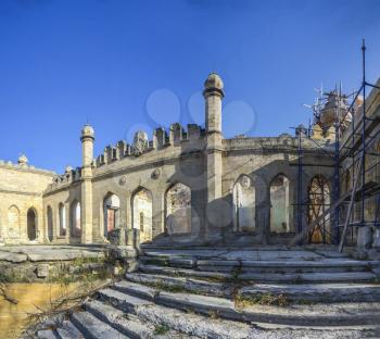 Abandoned Kuris castle in the village of Petrovka near Odessa, Ukraine. Ruined architectural monument of Romanticism
