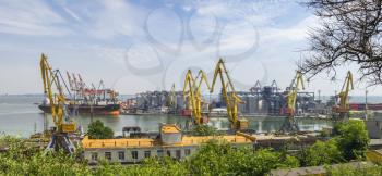 Odessa, Ukraine - 06.14.2019. anoramic view of cargo port and container terminal in Odessa, Ukraine