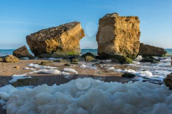 Few limestone stones on a Sunny autumn day on the seashore near the village of Fontanka, Odessa region, Ukraine