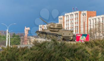 Tiraspol, Moldova - 03.10.2019. Tank Monument in the Eternal Flame monumental complex near the Dniester River in the city of Tiraspol, Transnistria, Moldova