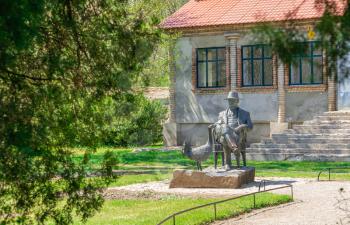 Askania-Nova, Ukraine - 04.28.2019. Monument to Baron Falz-Feyn, founder of Askania-Nova Nature Reserve in Ukraine on a sunny spring day