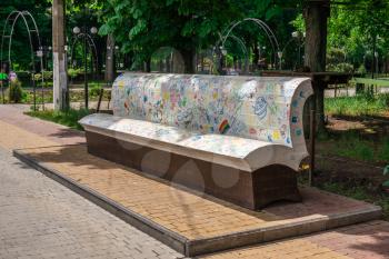 Odessa, Ukraine - 06.09.2019. Garden bench in Gorky Park in Odessa, Ukraine, on a sunny summer day