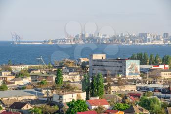 Top view of the industrial zone of Odessa, Ukraine, in the area of Peresyp and the Kotovsky district on a sunny summer day
