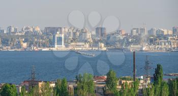View of the port of Odessa, Ukraine, from the sea on a sunny summer day