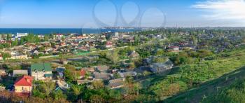 Panoramic top view of the industrial district of Odessa, Ukraine, on a sunny summer day