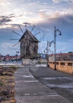 Nessebar, Bulgaria – 07.10.2019.  Old windmill on the way to the ancient city of Nessebar in Bulgaria