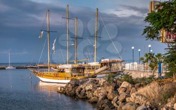 Nessebar, Bulgaria – 07.10.2019.  Pleasure boats at the pier of the old town of Nessebar in Bulgaria on a summer morning