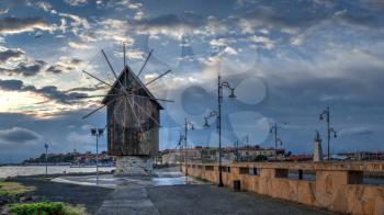 Nessebar, Bulgaria – 07.10.2019.  Old windmill on the way to the ancient city of Nessebar in Bulgaria