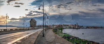 Nessebar, Bulgaria – 07.10.2019.  Road to the old town of Nessebar in Bulgaria, panoramic view on a sunny summer morning