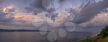 Nessebar, Bulgaria – 07.09.2019. Sunset over the Sunny Beach resort in Bulgaria. Panoramic view from the side of the island of Nessebar