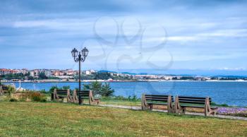 Nessebar, Bulgaria – 07.10.2019.  Embankment and Boulevard in the old town of Nessebar, Bulgaria, on a cloudy summer morning